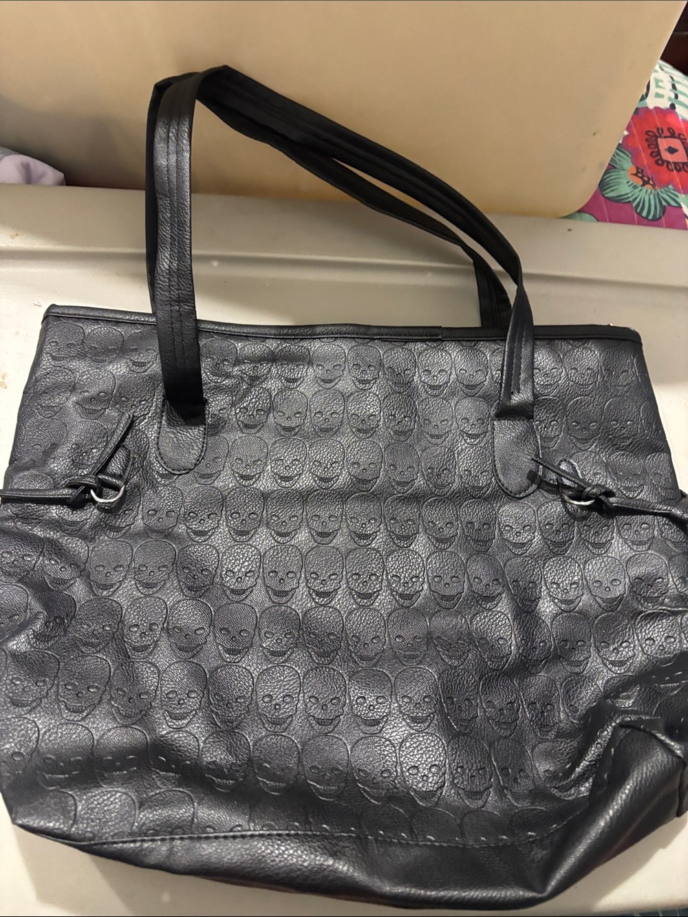Black Skull-Embossed Tote Bag